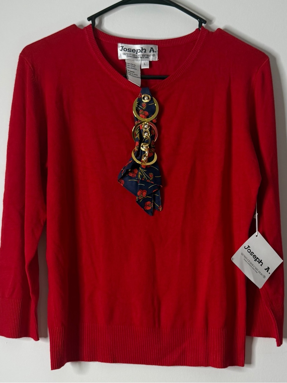 Joseph Red Crewneck Sweater with Navy Scarf and Gold Ring Accent